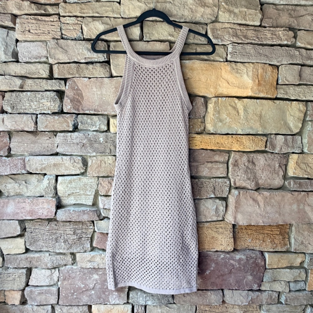 Honey Peach Women Medium Mini Dress Crochet Knit Halter Neck Tan Pink Line Beach